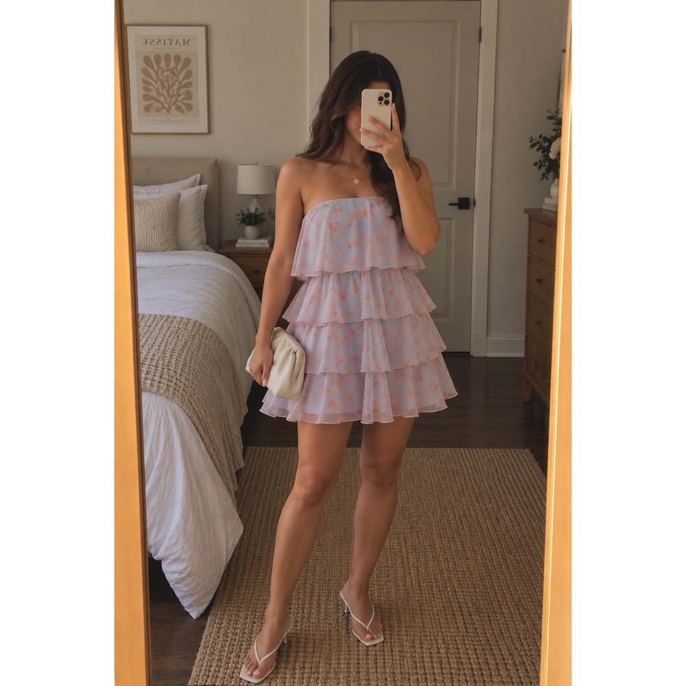 Abercrombie & Fitch Organza Tiered Strapless Mini Dress Light Blue Pink Floral L